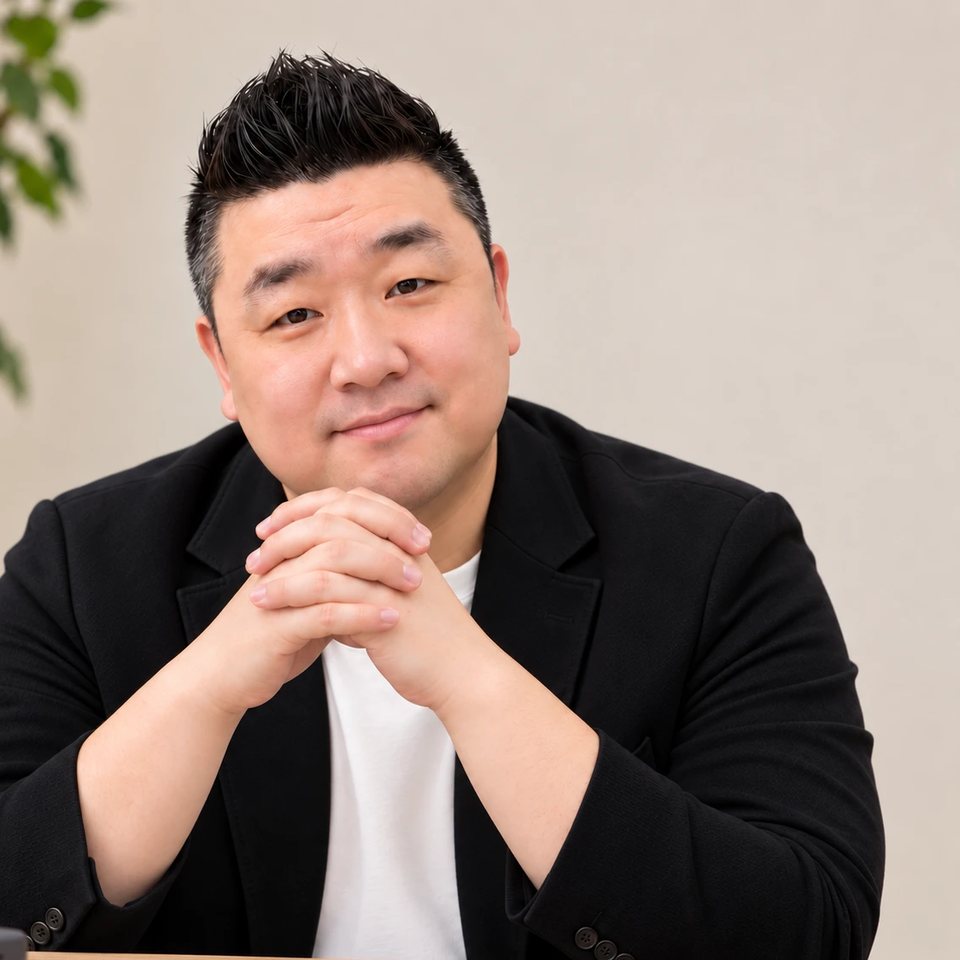 책상에 앉아 두 손을 모으고 있는 인스카이학원 원장 진민하(찐쌤)